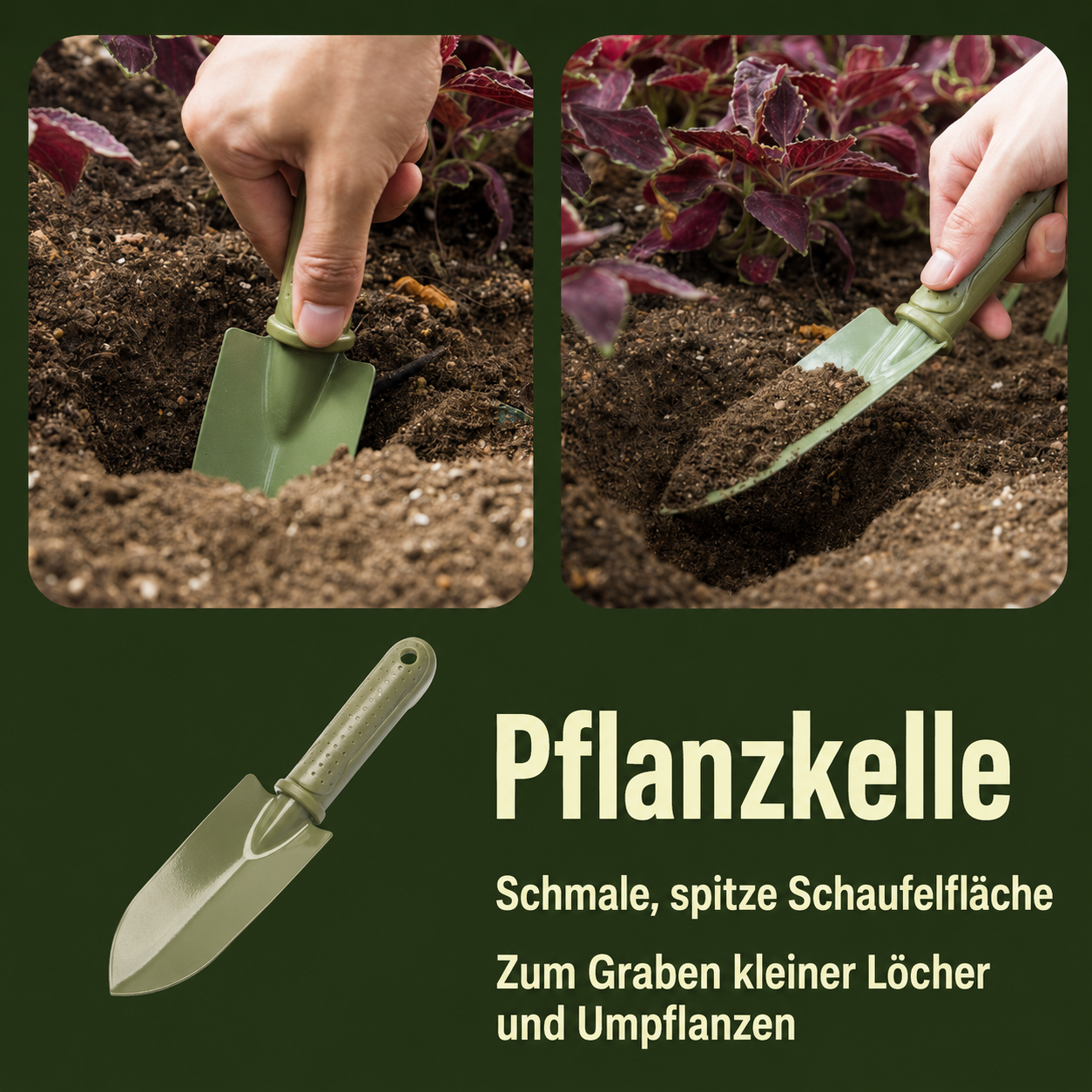 5-teiliges Gartenwerkzeug-Set aus Karbonstahl mit ergonomischem PE-Griff – Pflanzschaufel, Pflanzkelle, Dreizack-Kralle, Unkrautstecher und Gartenhacke