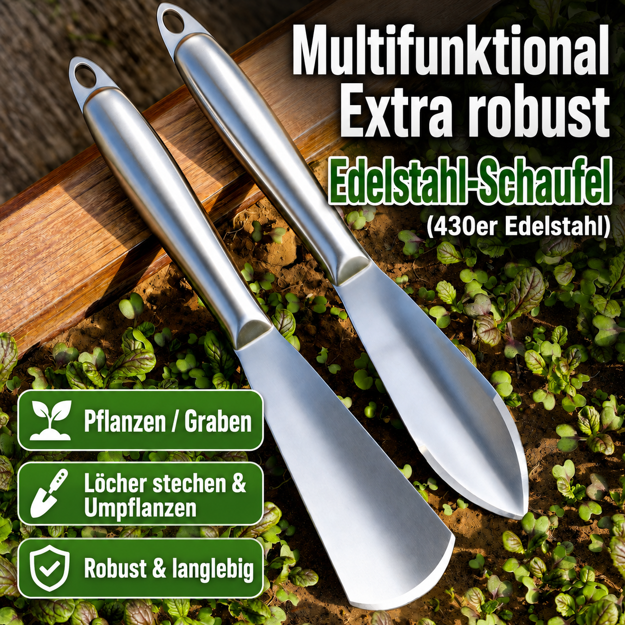 Multifunktionale Edelstahl-Gartenschaufel – Pflanzschaufel für Blumen, Gemüse & Kräuter, kleine Schaufel für Gartenarbeit, Strand & Wildkräutersammeln