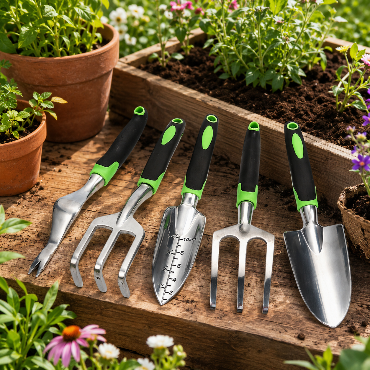 Premium 5-teiliges Gartenwerkzeug-Set aus Aluminium – ergonomische Pflanzschaufeln, Kultivator, Rechen & Wurzelentferner für präzise Gartenarbeit